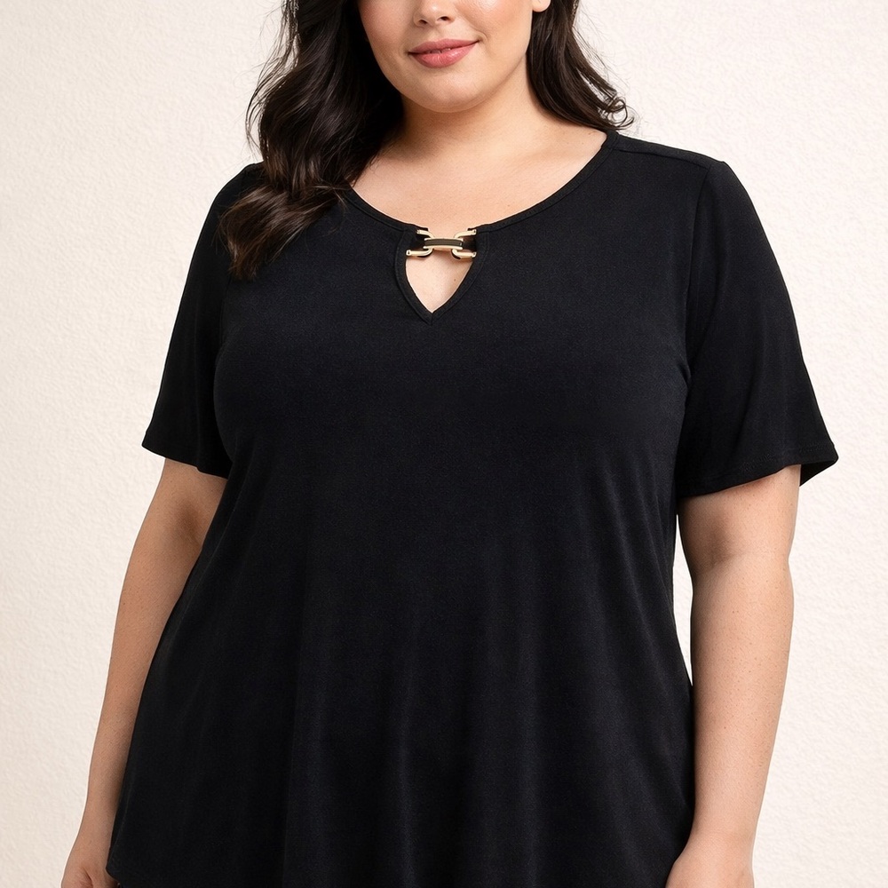 Chico's travelers Black Short Sleeve V-Neck Top with‎ Gold Accent 16